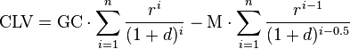 text{CLV} = text{GC} cdot sum_{i=1}^n frac{r^i}{(1+d)^i} - text{M} cdot sum_{i=1}^n frac{r^{i-1}}{(1+d)^{i-0.5}}